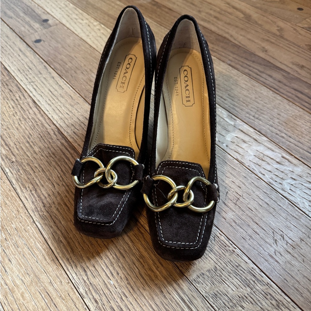 Vintage Coach Suede Brown and Gold Loafer Heels with Gold Chain Detail
